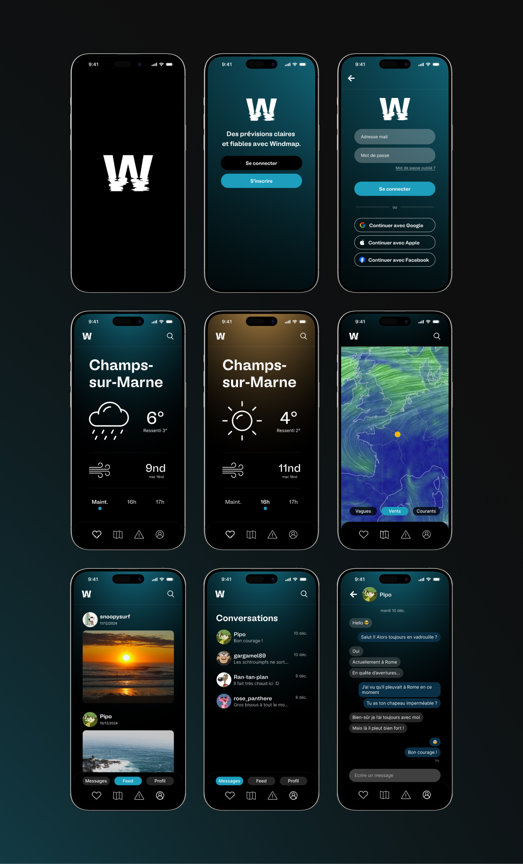 Ecrans de l'application Windmap